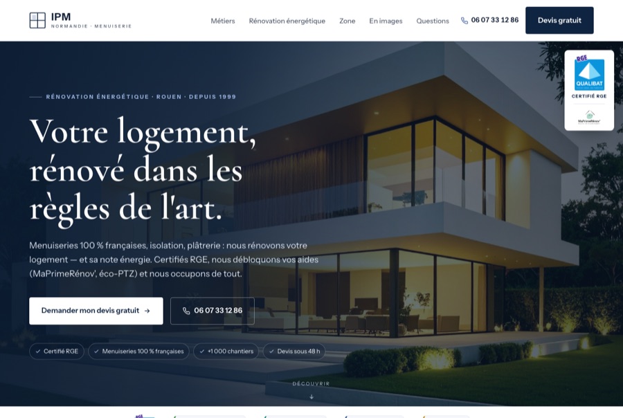 Site internet d'IPM Normandie, menuiserie à Rouen, réalisé par Beau Métier